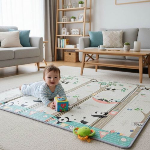 Alfombra para bebé plegable 200x180cm, reversible pandas/bosque